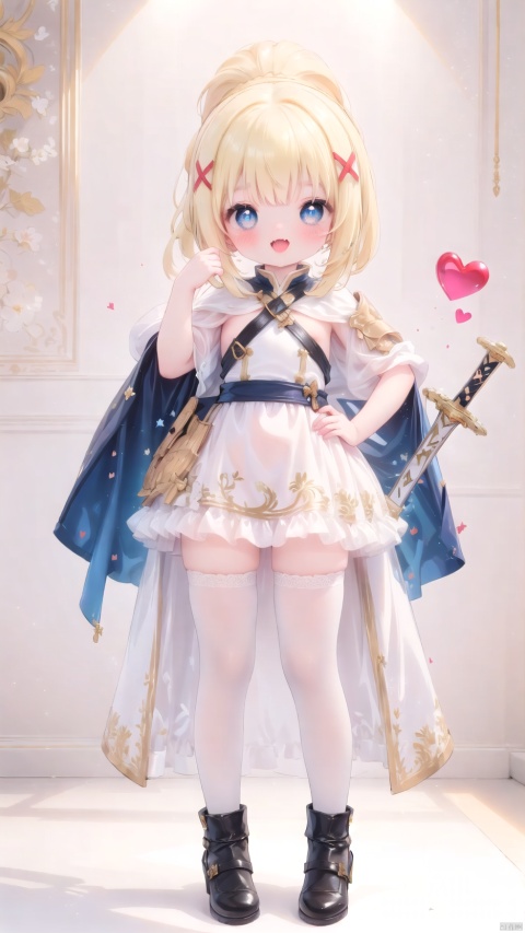 darkness (konosuba),paladin,petite child(1.5),aged down,chibi,extremely delicate and beautiful girls,narrow waist,Glowing skin,Delicate cute face,blush sticker,blush,knight armor,white and gold clothes,fine fabric emphasis,ornate clothes,((blue eyes)),beautiful detailed eyes,Glowing eyes,((heart-shaped pupils)),((blonde hair)),((ponytail,x hair ornament)),very long hair,Extremely delicate hair,Thin leg,black thighhighs,beautiful detailed fingers,steepled fingers,(beautiful detailed hands),((standing,hand on hip,arm up,Holding a long sword,ornate long sword)),ahegao(expression),smile,tongue out,licking lips,drooling,fangs out,big fangs,puffy cheeks,beautiful detailed mouth,Looking down at viewer,semen in the mouth,heart(ornament),palace,shield decorated on the wall,hyper realistic,magic,8k,incredible quality,best quality,masterpiece,highly detailed,extremely detailed CG,cinematic lighting,backlighting,full body,high definition,detail enhancement,(perfect hands, perfect anatomy),8k_wallpaper,extreme details,colorful,
