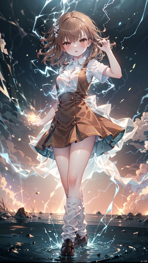 lightning background,misaka mikoto,Little girl(1.5),aged down,beautiful detailed girl,Glowing skin,steaming body,narrow waist,(very small breasts),Delicate cute face,blush sticker,blush,(tokiwadai school uniform),sweater vest,White shirt,unbuttoned shirt,electric arc surrounds the entire body,Body releases lightning outward,Purple electric arc injected into the girl's body,fine fabric emphasis,brown eyes,beautiful detailed eyes,Glowing eyes,((raised eyebrow,tsurime,half-closed eyes)),((brown hair)),((hair spread out,floating hair)),short hair,glowing hair,Extremely delicate hair,Thin leg,white loose socks,brown footwear,Slender fingers,steepled fingers,shiny nails,(beautiful detailed hands),((arm up,spell,electric arc Surrounding Hand,Hand emitting electric arc)), >:((expression),raised eyebrow,scowl,v-shaped eyebrows,clenched teeth,scowl at viewer,beautiful detailed mouth,lightning(ornament),bedroom,bed,too many electric arc,hyper realistic,magic,4k,incredible quality,best quality,masterpiece,highly detailed,extremely detailed CG,cinematic lighting,light particle,backlighting,full body,high definition,detail enhancement,(perfect hands, perfect anatomy),8k_wallpaper,finely detailed,extreme details,colorful, ((poakl))