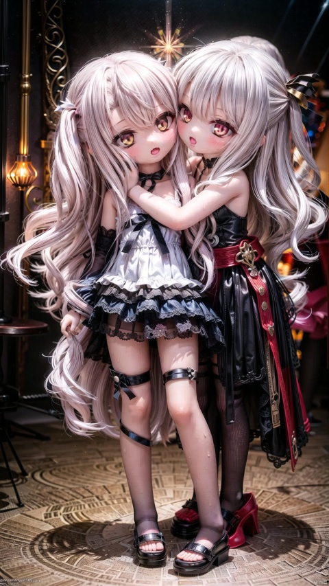 (cowboy shot),(((multiple_girls))),(((2girls))),((an girl is:miyu edelfelt,black hair),((The other girl is:chloe von einzbern,Silver hair,)),Sparkling skin,steaming body,small breasts,blush,eye_contact,standing,cuddling,open mouth,tongue out,(kissing),drooling,sweat,bow(ornament),garden,pink moon,light particle, caustics, magic,best quality, masterpiece, extremely detailed CG, illustration,ultra-detailed,8k_wallpaper,full body,cinematic lighting