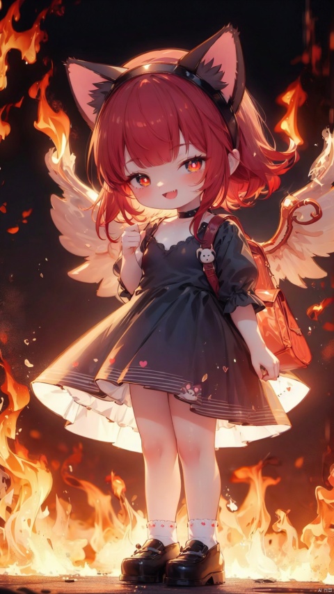 fiery background,annie (league of legends),Little girl(1.5),aged down,beautiful detailed girl,narrow waist,(very small breasts),Spray flames outwards from the entire body,Delicate cute face,choker,teddy bear,randoseru,gothic dress,red and black dress,fine fabric emphasis,Burning clothes,fiery wings,glowing wings,red eyes,beautiful detailed eyes,Glowing eyes,((half-closed eyes,heart-shaped pupils)),((red hair)),((hair spread out,cat ear hairband)),hair over shoulder,glowing hair,Extremely delicate hair,Thin leg,bobby socks,Slender fingers,steepled fingers,red nails,(standing,arm up,spell,Flame Surrounding Hand,Hand emitting flames),mischievous smile(expression),:d,open mouth,tongue out,fangs out,long fang,beautiful detailed mouth,fire(ornament),ruins,big teddy bear,Burning teddy bear,Spray flames outwards from the teddy bear,magma,hyper realistic,magic,8k,incredible quality,best quality,masterpiece,highly detailed,extremely detailed CG,cinematic lighting,backlighting,full body,high definition,detail enhancement,(perfect hands, perfect anatomy)