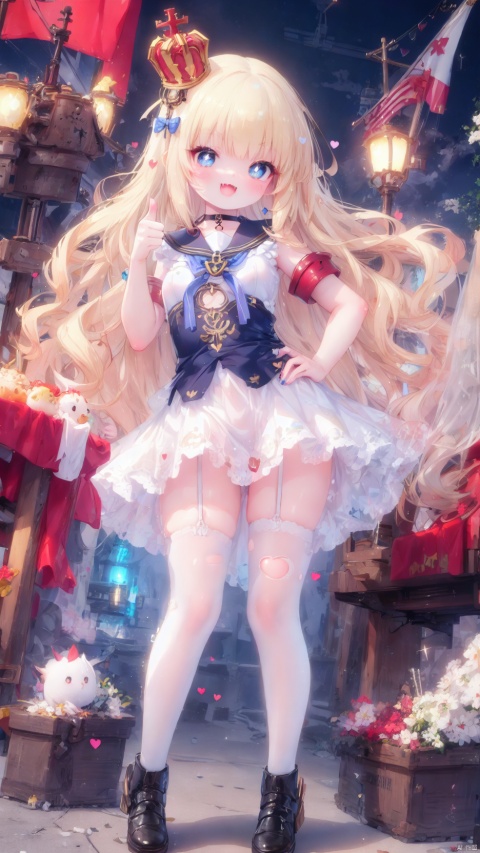 from below,queen elizabeth (azur lane),Little girl(1.5),aged down,beautiful detailed girl,narrow waist,Delicate cute face,anchor choker,(anchor print naval uniform),blue princess dressshoulders,ornate clothes,fine fabric emphasis,torn dress,broken skirt,torn clothes,broken clothes,blue eyes,beautiful detailed eyes,Glowing eyes,((heart-shaped pupils)),((blonde hair)),((hair spread out,wavy hair)),very long shoulder,glowing hair,Extremely delicate hair,Thin leg,white legwear garter,black footwear,Slender fingers,steepled fingers,shiny nails,((hand on hip,arm up,thumbs up)),mischievous smile(expression),thumbs up,:d,open mouth,fangs out,long fang,beautiful detailed mouth,anchor (ornament),warship,harbor,royal navy (emblem),royal navy flag,hyper realistic,magic,4k,incredible quality,best quality,masterpiece,highly detailed,extremely detailed CG,cinematic lighting,light particle,backlighting,full body,high definition,detail enhancement,(perfect hands, perfect anatomy),8k_wallpaper,extreme details,colorful