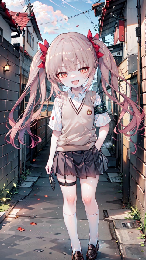  shirai kuroko,Little girl(1.5),aged down,beautiful detailed girl,Glowing skin,Delicate cute face,choker,(tokiwadai school uniform),sweater vest,White shirt,armband,ornate clothes,fine fabric emphasis,collarbone,torn dress,sabotaged clothes,torn clothes,broken clothes,torn shirt,brown eyes,beautiful detailed eyes,Glowing eyes,((raised eyebrow,tsurime)),((brown hair)),((twintails,hair bow)),very long shoulder,glowing hair,Extremely delicate hair,Thin leg,white legwear garter,black footwear,Slender fingers,steepled fingers,shiny nails,((standing,hand in pocket)), jewelry evil grin(expression),Evil smile,open mouth,tongue out,licking lips,drooling,heavy breathing,fangs out,big fangs,puffy cheeks,beautiful detailed mouth,heart (ornament),ruins,broken window,hyper realistic,magic,4k,incredible quality,best quality,masterpiece,highly detailed,extremely detailed CG,cinematic lighting,light particle,backlighting,full body,high definition,detail enhancement,(perfect hands, perfect anatomy),8k_wallpaper,extreme details,colorful, 1girl hair bow