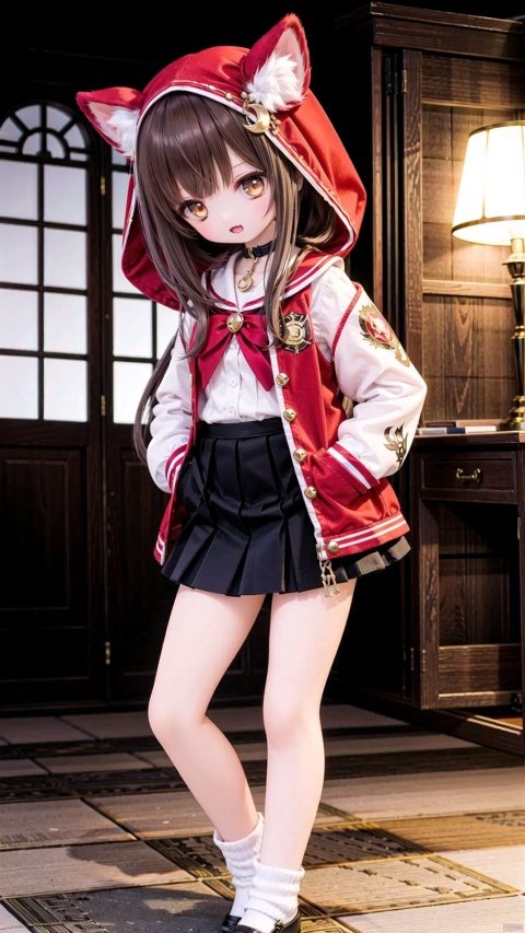Human Girls,Little girl（0.6）,beautiful detailed girl,narrow waist,small breasts,Glowing skin,hood,cat hood,hood up,ruby star Earrings,Delicate cute face,hogwarts school uniform,pleated skirt,cutoffs,fine fabric emphasis,ornate clothes,brown eyes,beautiful detailed eyes,Glowing eyes,((half-closed eyes)),((brown hair)),((bunches,long hair)),glowing long hair,Extremely delicate longhair,gold star Necklace,Thin leg,loose socks,Slender fingers,steepled fingers,Shiny nails,smug(expression),standing,hands in pockets,:3,open mouth,tongue out,fangs out,long fang,beautiful detailed mouth,crescent moon(ornament),palace, Gold coin pile,hyper realistic,magic,8k,incredible quality,best quality,masterpiece,highly detailed,extremely detailed CG,cinematic lighting,full body,lots of gold coins falling,high definition,detail enhancement