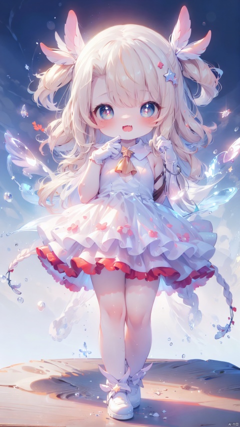 prisma illya,illyasviel von einzbern (beast style),magical girl,1girl,petite child(1.5),aged down,chibi,extremely delicate and beautiful girls,narrow waist,((very small breasts)),Glowing skin,transparent wings,Glowing wings,Delicate cute face,blush sticker,blush,pink dress,white gloves,gloves,elbow gloves,bare shoulders,ornate clothes,fine fabric emphasis,Blue eyes,beautiful detailed eyes,Glowing eyes,((star-shaped pupils)),((blonde hair)),((two side up,feather hair ornament)),very long hair,Glowing hair,Extremely delicate hair,Thin leg,bare legs,Slender fingers,steepled fingers,(beautiful detailed hands),((hand up,hand on own cheek)),happy(expression),:3,puffy cheeks,open mouth,drooling,beautiful detailed mouth,looking at desk,heart(ornament),Delicious,seductive,big desk,ice cream at desk,pudding at desk,strawberry cake at desk,melon bread at desk,hyper realistic,magic,8k,incredible quality,best quality,masterpiece,highly detailed,extremely detailed CG,(illustration),ultra-detailed,cinematic lighting,((detailed light)),full body,high definition,detail enhancement,(perfect hands, perfect anatomy),8k_wallpaper,extreme details,highres,colorful