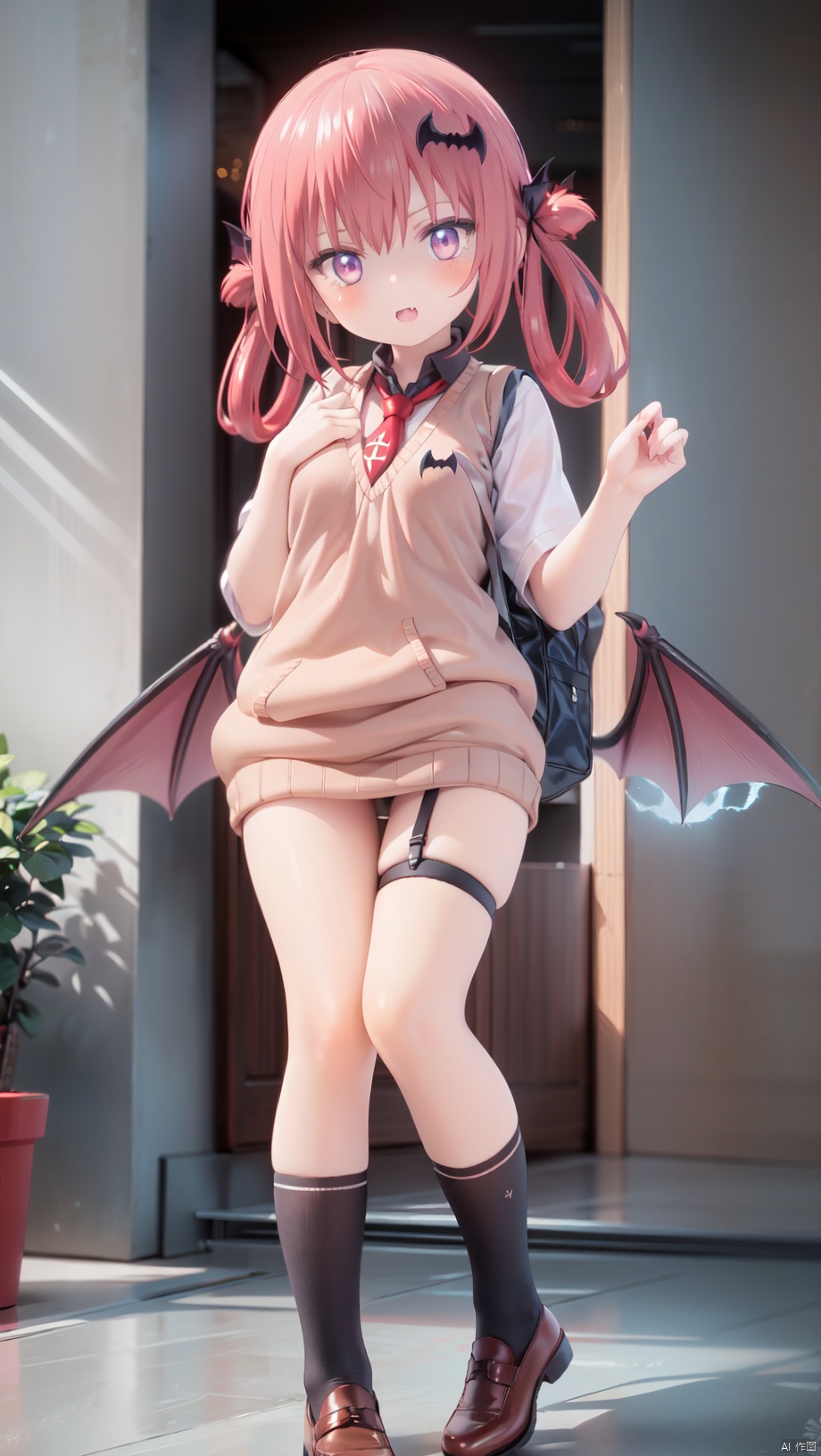 missionary,Satanichia Kurumizawa Mcdowell,loli,beautiful detailed girl,narrow waist,very small breasts,Glowing skin,Delicate cute face,school uniform,sweater vest,red necktie,fine fabric emphasis,ornate clothes,red eyes eyes,beautiful detailed eyes,glowing eyes,(raised eyebrow),((red hair)),((long hair,bat wings hair ornament)),Glowing hair,Extremely delicate hair,Thin leg,white legwear garter,beautiful detailed fingers,Slender fingers,steepled fingers,Shiny nails,(standing,hands up,art shift,hands next face),mischievous smile(expression),open mouth,tongue out,fangs out,beautiful detailed mouth,looking at viewer,melon bread(ornament),school connection,patio,hyper realistic,magic,8k,incredible quality,best quality,masterpiece,highly detailed,extremely detailed CG,cinematic lighting,backlighting,full body,high definition,detail enhancement,(perfect hands, perfect anatomy),detail enhancement
