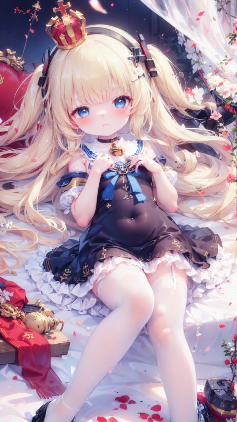 queen elizabeth (azur lane),Little girl(1.5),aged down,beautiful detailed girl,narrow waist,Delicate cute face,anchor choker,(anchor print naval uniform),blue princess dressshoulders,ornate clothes,fine fabric emphasis,torn dress,broken skirt,torn clothes,broken clothes,blue eyes,beautiful detailed eyes,Glowing eyes,((Frowning,half-closed eyes)),((blonde hair)),((hair spread out,wavy hair)),very long shoulder,glowing hair,Extremely delicate hair,Thin leg,white legwear garter,black footwear,Slender fingers,steepled fingers,shiny nails,((lying,spread leg,separated legs)),tearful(expression),teardrop on the face,Tears on the chin,open mouth,wavy mouth,mouth drool,screaming,heavy breathing,beautiful detailed mouth,looking at viewer,semen in the mouth,anchor (ornament),warship,harbor,royal navy (emblem),royal navy flag,hyper realistic,magic,4k,incredible quality,best quality,masterpiece,highly detailed,extremely detailed CG,cinematic lighting,light particle,backlighting,full body,high definition,detail enhancement,(perfect hands, perfect anatomy),8k_wallpaper,extreme details,colorful