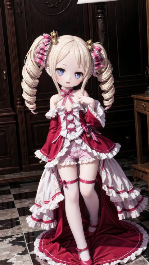  beatrice (re:zero),female child,Little girl（1.5）,aged down,beautiful detailed girl,narrow waist,small breasts,Glowing skin,Delicate cute face,off_shoulder,pink princess pajamas,(pink striped_legwear),white shorts under skirt,symbol-shaped_pupils,beautiful detailed eyes,((one eye closed)),((blonde hair)),(drill hair),parted bangs,forehead,Extremely delicate hair,bare legs,Thin leg,bare arms,Slender fingers,steepled fingers,pink nails,mischievous smile(expression),standing,finger to eye,open mouth,tongue out,beautiful detailed lips,heart(ornament),garden, fountain,hyper realistic,magic,8k,incredible quality,best quality,masterpiece,highly detailed,extremely detailed CG,cinematic lighting