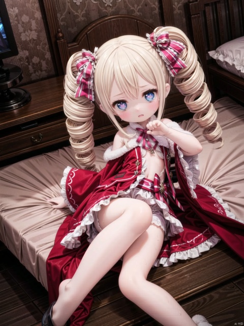 from above,beatrice (re:zero),female child,Little girl（1.5）,aged down,beautiful detailed girl,narrow waist,small breasts,Glowing skin,steaming body,Delicate cute face,off_shoulder,pink princess pajamas,pink striped_legwear,white shorts under skirt,symbol-shaped_pupils,beautiful detailed eyes,((narrowed eyes)),((blonde hair)),(drill hair),parted bangs,forehead,Extremely delicate hair,bare legs,Thin leg,bare arms,Slender fingers,steepled fingers,pink nails, tearful(expression),(on side at bed,blush sticker,blush),teardrop on the face,Tears on the chin,puffy cheeks,wavy mouth,beautiful detailed lips,sweat dripping from the body,wet and messy,sweat,open books(ornament),bedroom, ornate bed,There are bloodstains on the bed,hyper realistic,magic,8k,incredible quality,best quality,masterpiece,highly detailed,extremely detailed CG,cinematic lighting