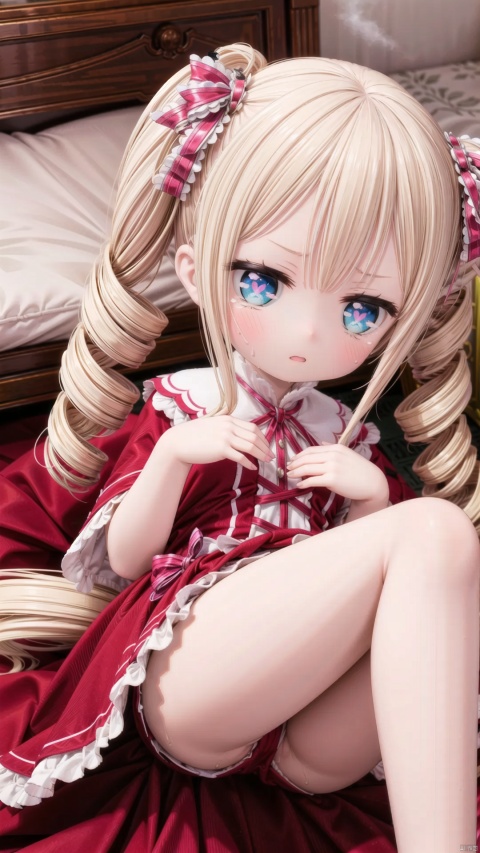  from above,beatrice (re:zero),female child,Little girl（1.5）,aged down,beautiful detailed girl,narrow waist,small breasts,Glowing skin,steaming body,Delicate cute face,pink princess dress,pink striped_legwear,white shorts under skirt,fine fabric emphasis,ornate clothes,symbol-shaped_pupils,beautiful detailed eyes,Glowing eyes,((narrowed eyes)),tsurime,((blonde hair)),(drill hair),no bangs,blouse bangs,Extremely delicate hair,bare legs,Thin leg,bare arms,Slender fingers,steepled fingers,pink nails, tearful(expression),(on bed,lying,blush sticker,blush),teardrop on the face,Tears on the chin,puffy cheeks,wavy mouth,beautiful detailed lips,sweat dripping from the body,wet and messy,sweat,blood trail(ornament),bedroom, ornate bed,There are bloodstains on the bed,hyper realistic,magic,8k,incredible quality,best quality,masterpiece,highly detailed,extremely detailed CG,cinematic lightingbookshelf,hyper realistic,magic,8k,incredible quality,best quality,masterpiece,highly detailed,extremely de