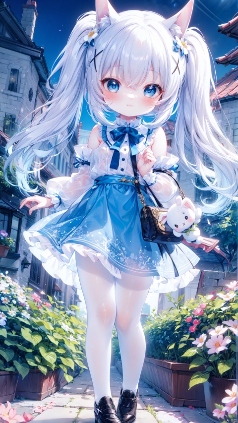 kafuu_chino,1girl,petite child(1.5),aged down,extremely delicate and beautiful girls,narrow waist,((very small breasts)),Glowing skin,Delicate cute face,blush sticker,blush,enmaided,puffy long sleeves,blue dress,white shirt,blue bow,rabbit shoulder bag,fine fabric emphasis,ornate clothes,blue eyes,beautiful detailed eyes,Glowing eyes,(half-closed eyes),((tsurime)),((Silver blue hair)),((twintails,x hair ornament)),very long hair,Glowing hair,Extremely delicate hair,Thin leg,white pantyhose,Slender fingers,steepled fingers,beautiful detailed hands,mischievous smile(expression),standing,looking down at viewer,:3,puffy cheeks,beautiful detailed mouth,stuffed bunny(ornament),garden,fountain,hyper realistic,magic,8k,incredible quality,best quality,masterpiece,highly detailed,extremely detailed CG,cinematic lighting,backlighting,full body,high definition,detail enhancement,(perfect hands, perfect anatomy),8k_wallpaper,colorful