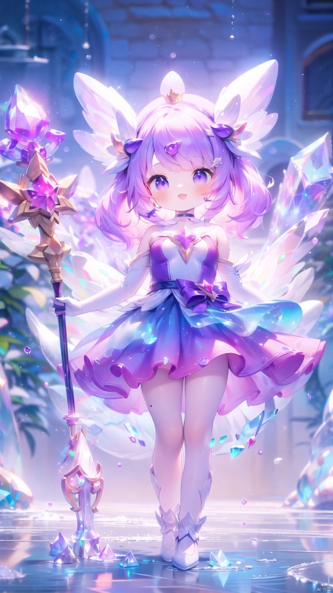  lux (league of legends),1girl,petite child(1.5),aged down,extremely delicate and beautiful girls,narrow waist,((very small breasts)),Glowing skin,Delicate cute face,blush sticker,blush,(crystal crown),choker,purple dress,gloves,elbow gloves,bare shoulders,ornate clothes,fine fabric emphasis,blue eyes,beautiful detailed eyes,Glowing eyes,((red mole under eye)),((purple hair)),((hair over shoulder,wavy hair)),Glowing hair,Extremely delicate hair,Thin leg,bare legs,Slender fingers,steepled fingers,(beautiful detailed hands),((art shift,holding staff,purple crystal staff)),mischievous smile(expression),:3,open mouth,puffy cheeks,beautiful detailed mouth,looking at viewer,steam(ornament),garden,fountain,hyper realistic,magic,8k,incredible quality,best quality,masterpiece,highly detailed,extremely detailed CG,cinematic lighting,backlighting,full body,high definition,detail enhancement,(perfect hands, perfect anatomy),8k_wallpaper,extreme details,colorful, 