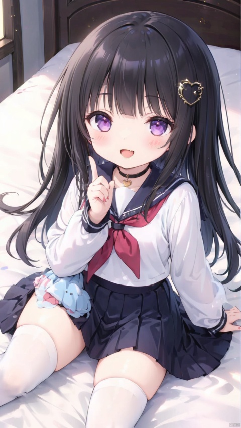 kimi ni matsuwaru mystery,(Chitanda Eru),chitanda eru,1girl,petite child(1.8),aged down,chibi,extremely delicate and beautiful girls,(exquisitely detailed skin),narrow waist,Delicate cute face,blush sticker,blush,choker,kamiyama high school uniform,dark blue sailor collar,((dark blue skirt,ornate clothes)),glowing clothes,fine fabric emphasis,purple eyes,beautiful detailed eyes,Glowing eyes,((half-closed eyes,tsurime)),((black hair)),((straight hair,hair spread out)),very long hair,Extremely delicate hair,Thin leg,white thighhighs,Fine fingers,steepled nail,(beautiful detailed hands),((lying on bed,separated legs,index finger raised,v arms)),ahegao(expression),smile,open mouth,tongue out,licking lips,drooling,fangs out,big fangs,puffy cheeks,beautiful detailed mouth,looking up at viewer,semen in the mouth,heart(ornament),bedroom,ornate bed,hyper realistic,magic,4k,incredible quality,best quality,masterpiece,highly detailed,extremely detailed CG,cinematic lighting,light particle,backlighting,full body,high definition,detail enhancement,(perfect hands, perfect anatomy),8k_wallpaper,extreme details,colorful