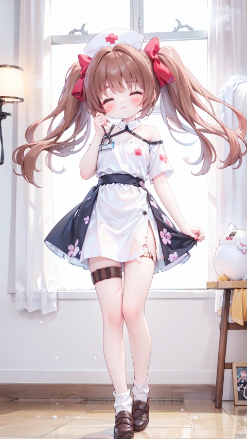 shirai kuroko,Little girl(1.5),aged down,beautiful detailed girl,Glowing skin,steaming body,narrow waist,(very small breasts),Delicate cute face,blush sticker,blush,(nurse),nurse cap,stethoscope,off shoulder,ornate clothes,torn dress,broken skirt,torn clothes,broken clothes,fine fabric emphasis,brown eyes,beautiful detailed eyes,Glowing eyes,((raised eyebrow,tsurime,half-closed eyes,heart-shaped pupils)),((brown hair)),((twintails,hair bow)),very long hair,glowing hair,Extremely delicate hair,Thin leg,thigh strap,white loose socks,brown footwear,Slender fingers,steepled fingers,shiny nails,((standing)), jewelry evil grin(expression),Evil smile,looking at viewer,:3,puffy cheeks,beautiful detailed mouth,heart(ornament),ruins,broken window,hyper realistic,magic,4k,incredible quality,best quality,masterpiece,highly detailed,extremely detailed CG,cinematic lighting,light particle,backlighting,full body,high definition,detail enhancement,(perfect hands, perfect anatomy),8k_wallpaper,extreme details,colorful,