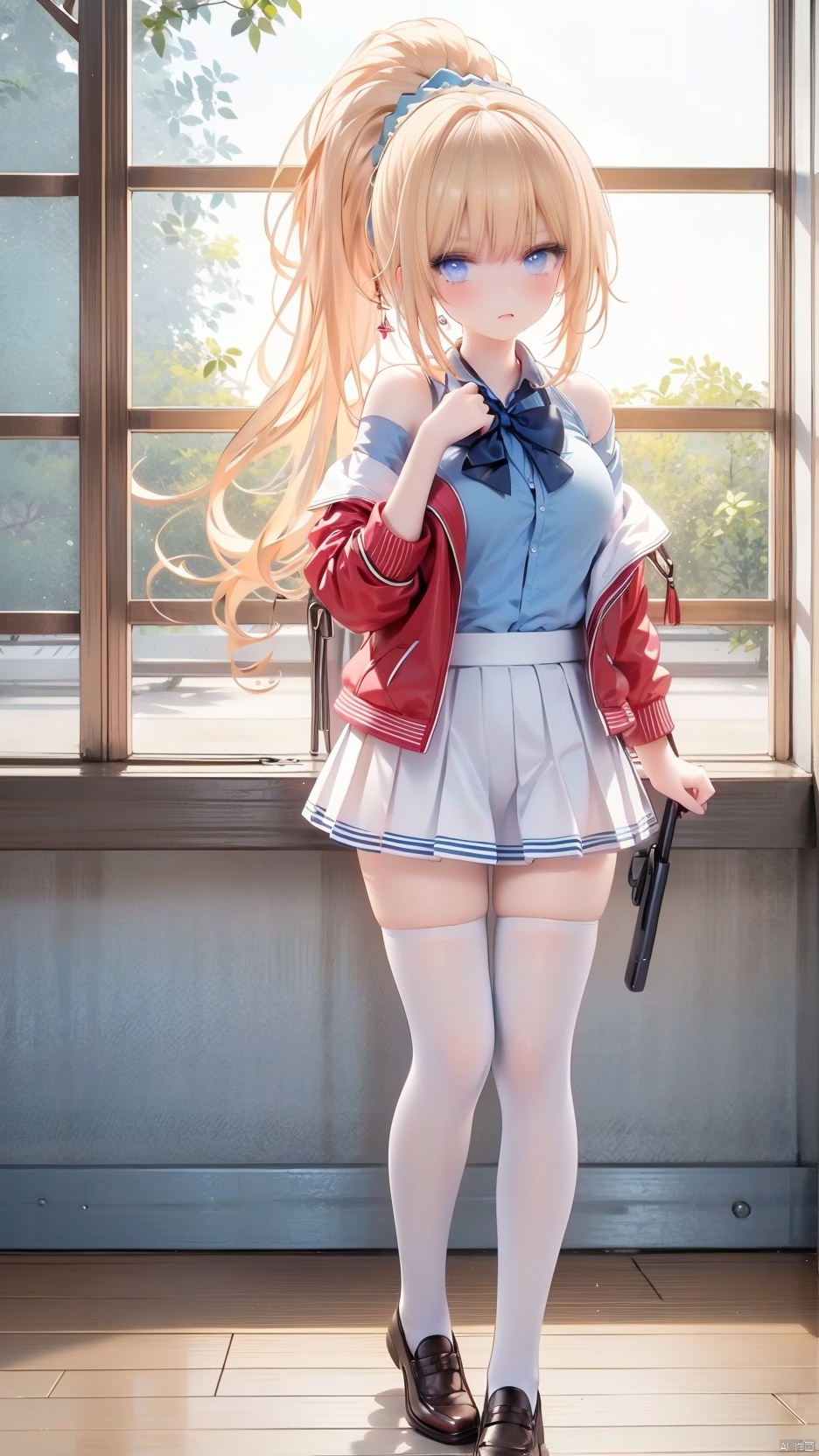  (cowboy shot,4349,4349,4349:1),kei karuizawa,loli,beautiful detailed girl,red school uniform jacket,open jacket,blue shirt,white skirt,fine fabric emphasis,ornate clothes,sabotaged clothes,torn clothes,broken clothes,torn shirt,off shoulder,narrow waist,beautiful breasts,Glowing skin,Delicate cute face,blue eyes eyes,beautiful detailed eyes,glowing eyes,((blonde hair)),((long hair,high ponytail,blue hair rings)),Glowing hair,Extremely delicate hair,Thin leg,white thighhighs,((beautiful detailed hands)),Slender fingers,pink nails,(standing,hands on own crotch),hungry(expression),wavy mouth,drooling,ruby(ornament),ruins,broken window,hyper realistic,magic,8k,incredible quality,best quality,masterpiece,highly detailed,extremely detailed CG,cinematic lighting,backlighting,full body,high definition,detail enhancement,(perfect hands, perfect anatomy),detail enhancement