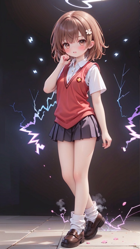 lightning background,misaka mikoto,Little girl(1.5),aged down,beautiful detailed girl,Glowing skin,steaming body,narrow waist,(very small breasts),Delicate cute face,blush sticker,blush,(tokiwadai school uniform),sweater vest,White shirt,electric arc surrounds the entire body,Body releases lightning outward,Purple electric arc injected into the girl's body,fine fabric emphasis,brown eyes,beautiful detailed eyes,Glowing eyes,((raised eyebrow,tsurime)),((brown hair)),((hair spread out,floating hair)),short hair,glowing hair,Extremely delicate hair,Thin leg,white loose socks,brown footwear,Slender fingers,steepled fingers,shiny nails,(beautiful detailed hands),((electricity Surrounding Hand,Hand emitting electricity)), >:((expression),raised eyebrow,scowl,v-shaped eyebrows,clenched teeth,scowl at viewer,beautiful detailed mouth,lightning(ornament),bedroom,bed,too many electricity,hyper realistic,magic,4k,incredible quality,best quality,masterpiece,highly detailed,extremely detailed CG,cinematic lighting,light particle,backlighting,full body,high definition,detail enhancement,(perfect hands, perfect anatomy),8k_wallpaper,finely detailed,extreme details,colorful,misaka_mikoto, (\shen ming shao nv\)