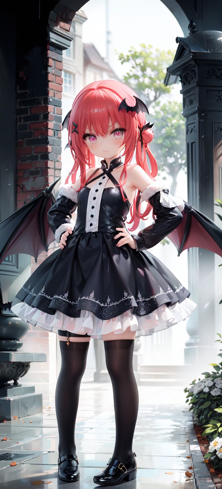  card background, Satanichia Kurumizawa Mcdowell,loli,beautiful detailed girl,narrow waist,very small breasts,Glowing skin,Delicate cute face,bare shoulders,long sleeves,torn dress,broken skirt,torn clothes,broken clothes,red eyes eyes,beautiful detailed eyes,glowing eyes,(raised eyebrow),((red hair)),((long hair,bat wings hair ornament)),Glowing hair,Extremely delicate hair,Thin leg,white legwear garter,beautiful detailed fingers,Slender fingers,steepled fingers,Shiny nails,standing,((hands on hips)),angry(expression),closed mouth,clenched teeth,beautiful detailed mouth,looking at viewer,bat wings(ornament),garden, fountain,hyper realistic,magic,8k,incredible quality,best quality,masterpiece,highly detailed,extremely detailed CG,cinematic lighting,backlighting,full body,high definition,detail enhancement,(perfect hands, perfect anatomy), detail enhancement,