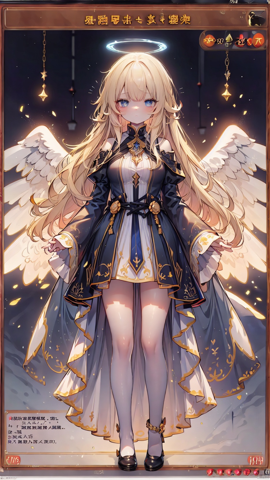 Card background,gabriel tenma white,angel,1girl,solo,Little girl(1.6),aged down,beautiful detailed girl,Glowing Halo on head,angel wings,angel costume,fine fabric emphasis,ornate clothes,Glowing clothes,narrow waist,very small breasts,Glowing skin,Delicate cute face,Grey blue eyes,beautiful detailed eyes,sparkling eyes,((blonde hair)),((very long hair,stray hair)),ahoge,Glowing hair,Extremely delicate hair,Thin leg,white thighhighs,((beautiful detailed hands)),Slender fingers,pink nails,(standing,hands on own crotch), naughty_face(expression),:3,Glowing feather(ornament),church,Marble Pillar,hyper realistic,magic,8k,incredible quality,best quality,masterpiece,highly detailed,extremely detailed CG,cinematic lighting,backlighting,full body,high definition,detail enhancement,(perfect hands, perfect anatomy),detail enhancement, pop style