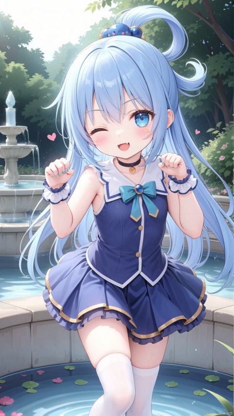 aqua (konosuba), aqua,1girl,petite child(1.5),aged down,extremely delicate and beautiful girls,(exquisitely detailed skin),narrow waist,Delicate cute face,blush sticker,blush,choker,princess dress,((blue skirt,ornate clothes)),glowing clothes,fine fabric emphasis,Blue eyes,beautiful detailed eyes,Glowing eyes,((one eye closed)),((blue hair)),((high ponytail, hair rings,hair ornament)),very long hair,Extremely delicate hair,Thin leg,white thighhighs,Fine fingers,steepled nail,(beautiful detailed hands),((standing,paw pose,pointing at viewer)),smug(expression),smile,looking down at viewer,:3,puffy cheeks,open mouth,tongue out,fangs out,beautiful detailed mouth,stuffed bunny(ornament),garden,fountain,hyper realistic,magic,8k,incredible quality,best quality,masterpiece,highly detailed,extremely detailed CG,cinematic lighting,backlighting,full body,high definition,detail enhancement,(perfect hands, perfect anatomy),8k_wallpaper,colorful