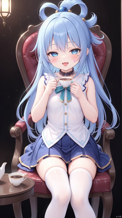 aqua (konosuba), aqua,1girl,petite child(1.5),aged down,extremely delicate and beautiful girls,(exquisitely detailed skin),narrow waist,Delicate cute face,blush sticker,blush,choker,princess dress,((blue skirt,ornate clothes)),glowing clothes,fine fabric emphasis,Blue eyes,beautiful detailed eyes,Glowing eyes,((half-closed eyes,tsurime)),((blue hair)),((high ponytail, hair rings,hair ornament)),very long hair,Extremely delicate hair,Thin leg,white thighhighs,no panties,Fine fingers,steepled nail,(beautiful detailed hands),((sitting on chair,holding teacup)),ahegao(expression),smile,open mouth,tongue out,licking lips,drooling,fangs out,big fangs,puffy cheeks,beautiful detailed mouth,looking at viewer,semen in the mouth,semen on the hair,semen on the face,too many semen dripping from the body,blood on between legs,wet and messy,sweat,semen(ornament),tea set,coffee table,hyper realistic,magic,4k,incredible quality,best quality,masterpiece,highly detailed,extremely detailed CG,cinematic lighting,light particle,backlighting,full body,high definition,detail enhancement,(perfect hands, perfect anatomy),8k_wallpaper,extreme details,colorful