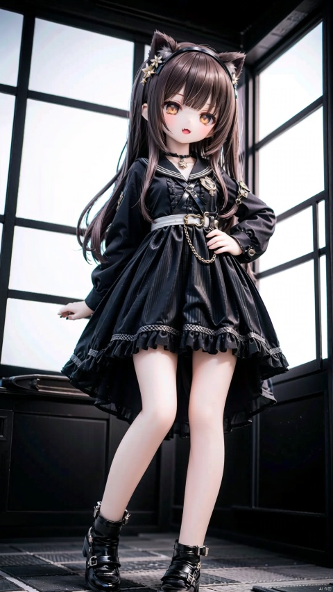  Human Girls,Little girl（0.6）,beautiful detailed girl,narrow waist,small breasts,Glowing skin,cat ear hairband,ruby star Earrings,Delicate cute face,military style lolita,cutoffs,fine fabric emphasis,ornate clothes,brown eyes,beautiful detailed eyes,Glowing eyes,((half-closed eyes)),((brown hair)),((bunches,long hair)),glowing long hair,Extremely delicate longhair,gold star Necklace,Thin leg,loose socks,Slender fingers,steepled fingers,Shiny nails,smug(expression),standing,hands on hips,:3,open mouth,tongue out,fangs out,long fang,beautiful detailed mouth,crescent moon(ornament),colosseum,Marble Pillar,hyper realistic,magic,8k,incredible quality,best quality,masterpiece,highly detailed,extremely detailed CG,cinematic lighting,full body,lots of gold coins falling,high definition,detail enhancement