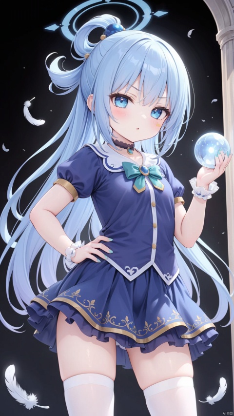 from below,aqua (konosuba), aqua,1girl,petite child(1.5),aged down,extremely delicate and beautiful girls,Glowing Halo on head,(exquisitely detailed skin),narrow waist,Delicate cute face,blush sticker,blush,choker,princess dress,((blue skirt,ornate clothes)),glowing clothes,fine fabric emphasis,Blue eyes,beautiful detailed eyes,Glowing eyes,((half-closed eyes,tsurime)),((blue hair)),((high ponytail, hair rings,hair ornament)),very long hair,Extremely delicate hair,Thin leg,white thighhighs,Fine fingers,steepled nail,(beautiful detailed hands),((standing,hand on hips,Holding the crystal ball,Glowing crystal ball)),gesugao(expression),jitome,raised eyebrow,scowl,v-shaped eyebrows,puckered lips,looking down at viewer,puffy cheeks,beautiful detailed mouth,falling feathers(ornament),palace,hyper realistic,magic,4k,incredible quality,best quality,masterpiece,highly detailed,extremely detailed CG,cinematic lighting,backlighting,full body,high definition,detail enhancement,(perfect hands, perfect anatomy),8k_wallpaper,extreme details,colorful