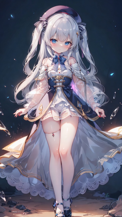 (cowboy shot,4349,4349,4349:1),CELIA CLAIRE,loli,beautiful detailed girl,beret,school uniform,white capelet,fine fabric emphasis,ornate clothes,sabotaged clothes,torn clothes,broken clothes,torn shirt,off shoulder,narrow waist,very small breasts,Glowing skin,Delicate cute face,blue eyes eyes,beautiful detailed eyes,glowing eyes,((Silver blue gradient hair)),((long hair,hair spread out)),hair bow,Glowing hair,Extremely delicate hair,Thin leg,white thighhighs,((beautiful detailed hands)),Slender fingers,pink nails,(standing,hands on own crotch),hungry(expression),wavy mouth,drooling,ruby(ornament),ruins,broken window,hyper realistic,magic,8k,incredible quality,best quality,masterpiece,highly detailed,extremely detailed CG,cinematic lighting,backlighting,full body,high definition,detail enhancement,(perfect hands, perfect anatomy),detail enhancement, ((poakl))