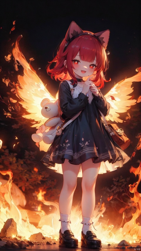 fiery background,annie (league of legends),Little girl(1.5),aged down,beautiful detailed girl,narrow waist,(very small breasts),Spray flames outwards from the entire body,Delicate cute face,choker,teddy bear,randoseru,gothic dress,red and black dress,fine fabric emphasis,Burning clothes,fiery wings,glowing wings,red eyes,beautiful detailed eyes,Glowing eyes,((half-closed eyes,heart-shaped pupils)),((red hair)),((hair spread out,cat ear hairband)),hair over shoulder,glowing hair,Extremely delicate hair,Thin leg,bobby socks,Slender fingers,steepled fingers,red nails,(standing,arm up,hand on own face,Flame Surrounding Hand,Hand emitting flames),ahegao(expression),smile,open mouth,tongue out,licking lips,drooling,fangs out,big fangs,puffy cheeks,beautiful detailed mouth,looking at viewer,fire(ornament),ruins,big teddy bear,Burning teddy bear,Spray flames outwards from the teddy bear,magma,hyper realistic,magic,8k,incredible quality,best quality,masterpiece,highly detailed,extremely detailed CG,cinematic lighting,backlighting,full body,high definition,detail enhancement,(perfect hands, perfect anatomy)