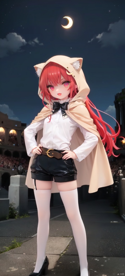  card background,erisc,loli,beautiful detailed girl,narrow waist,very small breasts,Glowing skin,Delicate cute face,hood up,animal hood,shirt,bowtie,tarmor,white cape,long sleeves,belt,black shorts,red eyes eyes,beautiful detailed eyes,glowing eyes,(raised eyebrow),((red hair)),((long hair)),Glowing hair,Extremely delicate hair,Thin leg,white legwear garter,beautiful detailed fingers,Slender fingers,steepled fingers,Shiny nails,standing,((hands on hips)),smug(expression),standing,hands on hips,:3,open mouth,tongue out,fangs out,long fang,beautiful detailed mouth,crescent moon(ornament),colosseum,Marble Pillar,hyper realistic,magic,8k,incredible quality,best quality,masterpiece,highly detailed,extremely detailed CG,cinematic lighting,full body,lots of gold coins falling,high definition,detail enhancement, loli