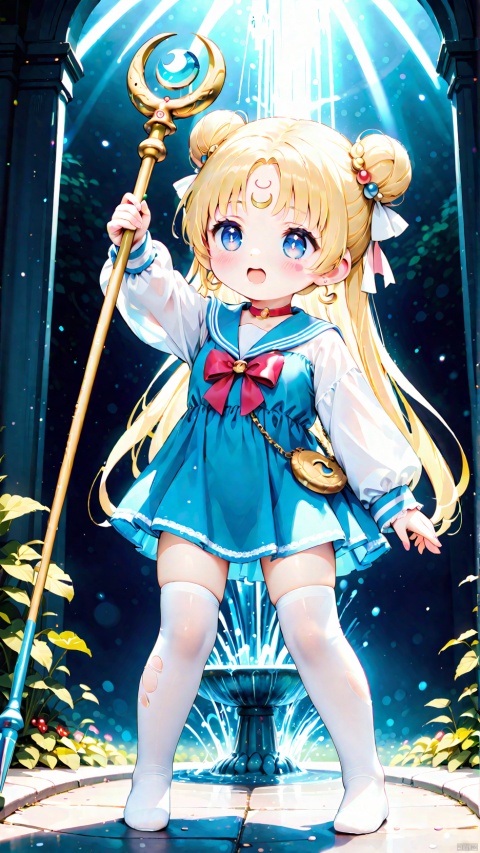 from below,tsukino usagi,qanime,1girl,petite child(1.5),aged down,chibi,extremely delicate and beautiful girls,(exquisitely detailed skin),((very small breasts)),narrow waist,Delicate cute face,forehead mark,crescent at forehead,crescent earrings,blush sticker,blush,choker,blue sailor collar,red big bow on the chest ,sailor senshi uniform,puffy long sleeves,blue dress,white shirt,chanel shoulder bag,ornate clothes,fine fabric emphasis,Blue eyes,beautiful detailed eyes,Glowing eyes,((sparkling eyes)),((blonde hair)),((double bun,parted bangs,hair bun, hair ornament,head rest)),very long hair,Extremely delicate hair,Thin leg,white thighhighs,torn thighhighs,Fine fingers,steepled nail,(beautiful detailed hands),((standing,arm up,holding staff,crescent staff)),mischievous smile(expression),looking up at sky,puffy cheeks,open mouth,shout lines,beautiful detailed mouth,flying stars(ornament),garden,fountain,hyper realistic,magic,8k,incredible quality,best quality,masterpiece,highly detailed,extremely detailed CG,cinematic lighting,backlighting,full body,high definition,detail enhancement,(perfect hands, perfect anatomy),8k_wallpaper,colorful