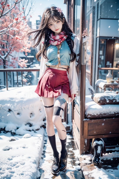  1 girl,Transparent skirt,pink face,stockings,(snow:1.2),(snowing:1.2),peach blossom,snow,solo,scarf,black hair,smile,long hair,bokeh,realistic,long coat,blurry, captivating gaze, embellished clothing, natural light, shallow depth of field, romantic setting, dreamy pastel color palette, whimsical details, captured on film,. (Original Photo, Best Quality), (Realistic, Photorealistic: 1.3), Clean, Masterpiece, Fine Detail, Masterpiece, Ultra Detailed, High Resolution, (Best Illustration), (Best Shadows), Complex, Bright light, modern clothing, (pastoral: 1.3), smiling,standing,(very very short skirt:1.5),knee socks,(white shoes: 1.4),long legs, forest, grassland,(view: 1.3), 21yo girl, striped, wangyushan, capricornus, 1girl, light master,police,pencil_skirt,yellow_dress