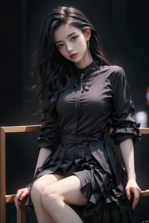  1girl,black pleated skirt, gray shirt,necktie, black legwear, very sexual, sitting on a chair
Masterpiece, best quality, 8k resolution, absurd, extremely detailed, highly detailed,
Ray tracing, telephoto lenses, movie angles