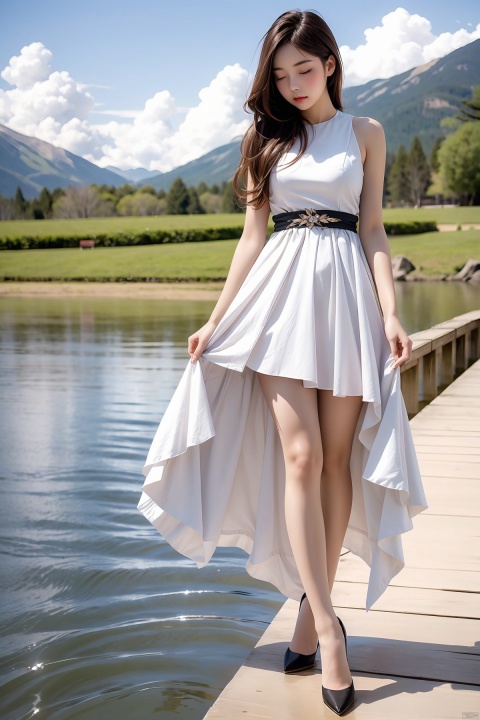  1girl, solo, long hair, dress, standing, sky, cloud, water, high heels, scenery,