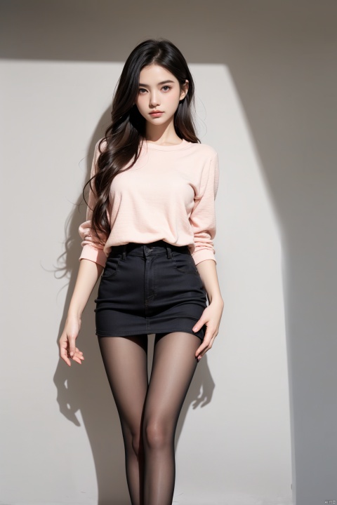  Best quality,masterpiece,ultra high res,(photorealistic:1.4),raw photo,(a 18-year-old girl),in the dark,deep shadow,low key,cold light,blush,(thigh gap:1.3),Professional studio,integrated shortskirt,pantyhose,sssr,fromverybelowshot,sssr,skinny, sssr, 1girl