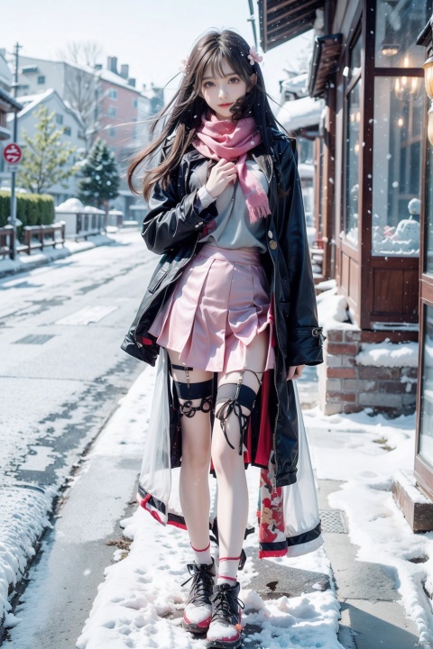  1 girl,Transparent skirt,pink face,stockings,(snow:1.2),(snowing:1.2),peach blossom,snow,solo,scarf,black hair,smile,long hair,bokeh,realistic,long coat,blurry, captivating gaze, embellished clothing, natural light, shallow depth of field, romantic setting, dreamy pastel color palette, whimsical details, captured on film,. (Original Photo, Best Quality), (Realistic, Photorealistic: 1.3), Clean, Masterpiece, Fine Detail, Masterpiece, Ultra Detailed, High Resolution, (Best Illustration), (Best Shadows), Complex, Bright light, modern clothing, (pastoral: 1.3), smiling,standing,(very very short skirt:1.5),knee socks,(white shoes: 1.4),long legs, forest, grassland,(view: 1.3), 21yo girl, striped, wangyushan, capricornus, 1girl, light master,police,pencil_skirt,yellow_dress