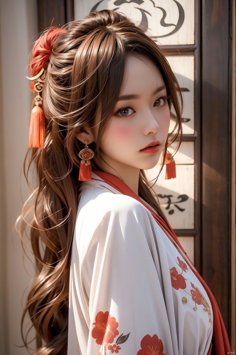  1 girl, solo, female focus, (Chinese dress) and red lips, bangs, earrings, kimono, Chinese cardigan, printed cloth, tassel, hand-held samurai knife.(Chinese dragon)
 (Masterpiece), (Very Detailed CGUnity 8K Wallpaper), Best Quality, High Resolution Illustrations, Stunning, Highlights, (Best Lighting, Best Shadows, A Very Delicate And Beautiful), (Enhanced) ·, long