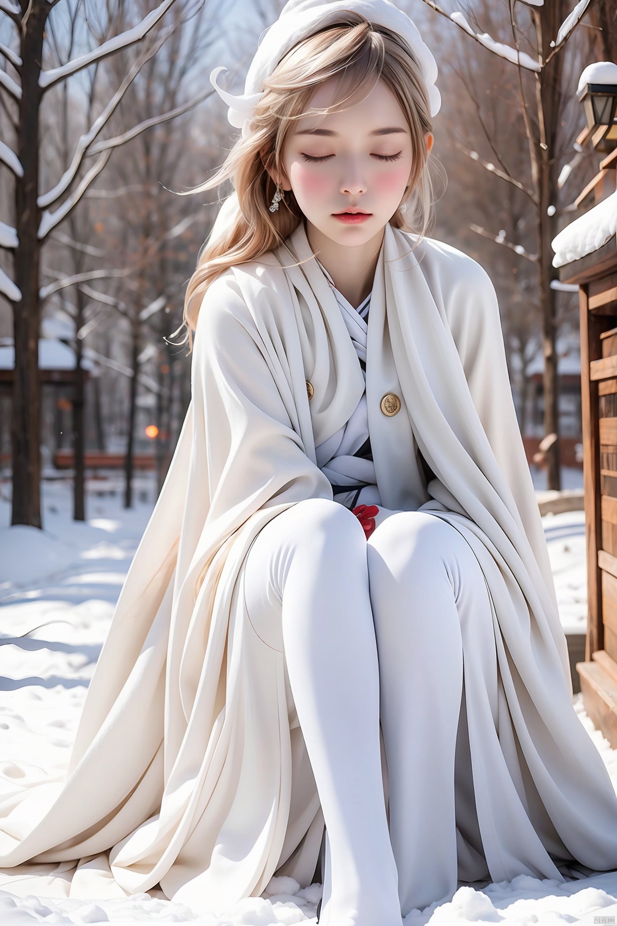  A girl sitting in the white snow closed her eyes and her body had turned white, Be covered with snow, All white, all white, all snow, White statue, sg, ((poakl))