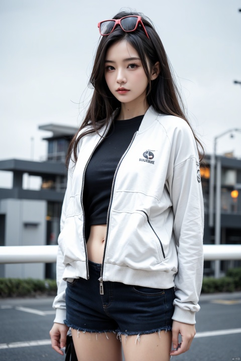  reed (arknights), 1girl, solo,green eyes,track jacket, shorts,large breasts, squirtle on head, best quality, amazing quality, very aesthetic, absurdres, surespace, yunqing