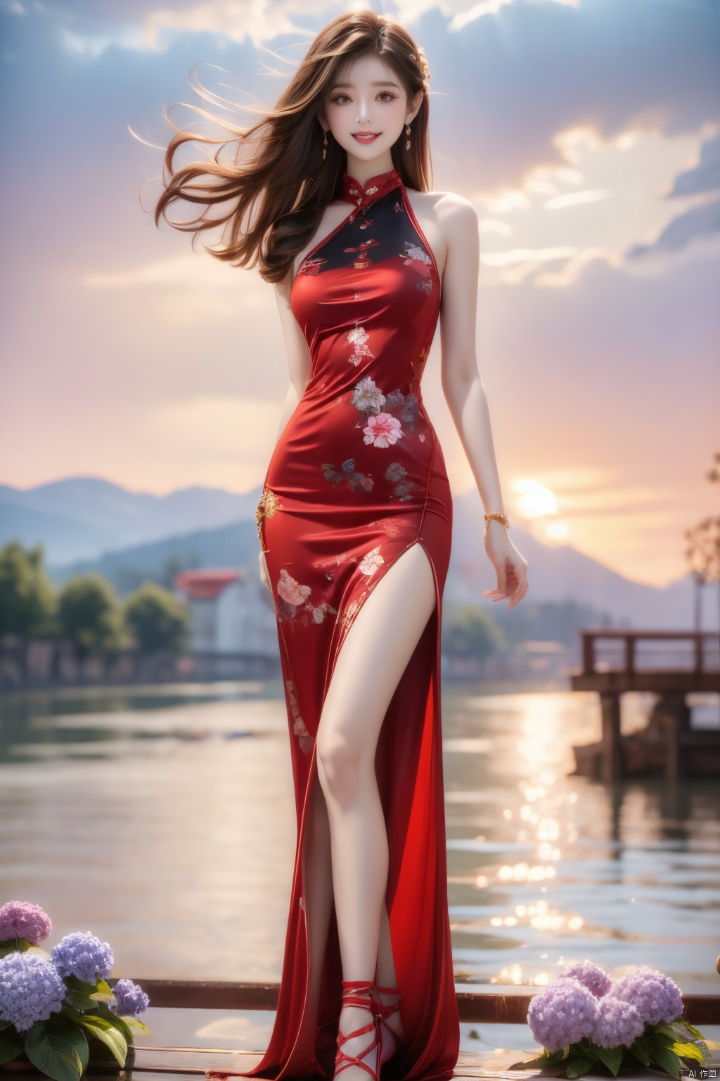  (Best quality, masterpiece, details), (red:1.5), full body, 1 girl, beautiful face, side slit lace dress, white knee socks, plump figure, smile, red crowned crane, complex clothing, exquisite plantdepiction,floralbackground,details,highlydetailed,fullofhiddendetails,realskin,redandturquoise,hydrangea,blue,(mountain),(River), 1girl,