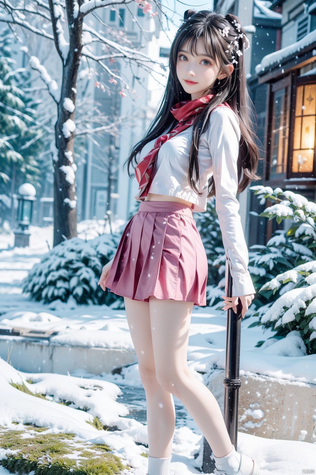  1 girl,Transparent skirt,pink face,stockings,(snow:1.2),(snowing:1.2),peach blossom,snow,solo,scarf,black hair,smile,long hair,bokeh,realistic,long coat,blurry, captivating gaze, embellished clothing, natural light, shallow depth of field, romantic setting, dreamy pastel color palette, whimsical details, captured on film,. (Original Photo, Best Quality), (Realistic, Photorealistic: 1.3), Clean, Masterpiece, Fine Detail, Masterpiece, Ultra Detailed, High Resolution, (Best Illustration), (Best Shadows), Complex, Bright light, modern clothing, (pastoral: 1.3), smiling,standing,(very very short skirt:1.5),knee socks,(white shoes: 1.4),long legs, forest, grassland,(view: 1.3), 21yo girl, striped, wangyushan, capricornus, 1girl, light master,police,pencil_skirt,yellow_dress