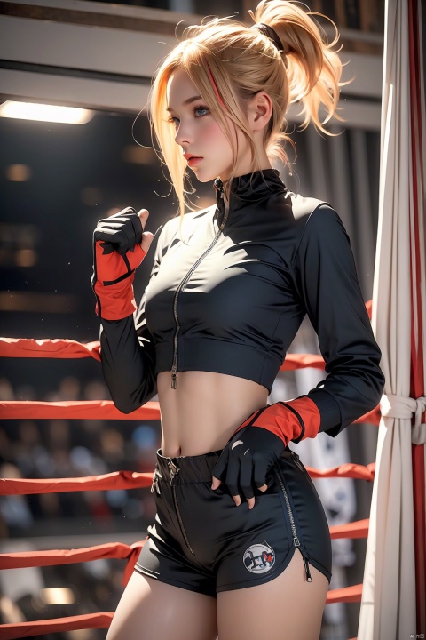  1girl, solo, breasts, blue eyes, blonde hair, gloves, long sleeves, medium breasts, standing, jacket, ponytail, cowboy shot, parted lips, shorts, midriff, artist name, indoors, blurry, crop top, short shorts, watermark, looking away, black shorts, zipper, motion blur, zipper pull tab, boxing gloves