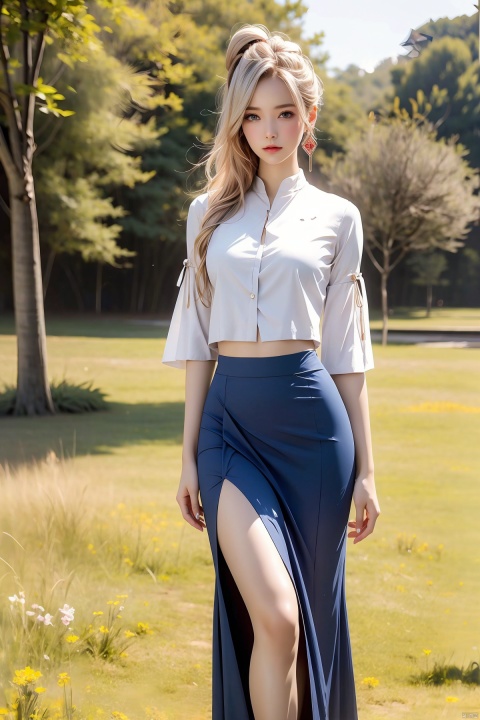  YYH,1girl,solo,white hair,hair_ornament,blue eyes,skirt,hair bun,jewelry,barefoot,navel,midriff,feathers,looking at viewer,earrings,detached sleeves,tree,outdoors,flower,scenery,grass,field,nature,, (raw photo:1.2),((photorealistic:1.4))best quality,masterpiece,illustration,an extremely delicate and beautiful,extremely detailed,CG,unity,8k wallpaper,Amazing,finely detail,masterpiece,best quality,official art,extremely detailed CG unity 8k wallpaper,absurdres,incredibly absurdres,huge filesize,ultra-detailed,highres,extremely detailed,beautiful detailed girl,cinematic lighting,1girl,pale skin,tall female,(perfect body shape),skinny body,Slender legs,