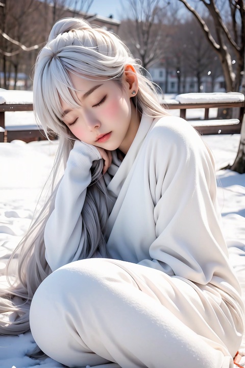  A girl sitting in the white snow closed her eyes and her body had turned white, Be covered with snow, All white, all white, all snow, White statue, sg, ((poakl))