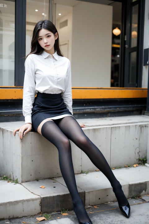 Best quality, full body portrait, delicate face, pretty face, 16 year old woman, slim figure, large bust, OL uniform, office clothes, navy blue stockings, no shoes, outdoor scene, sitting position