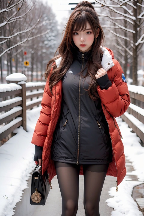 Down jacket, long hair, girl, pantyhose, snow