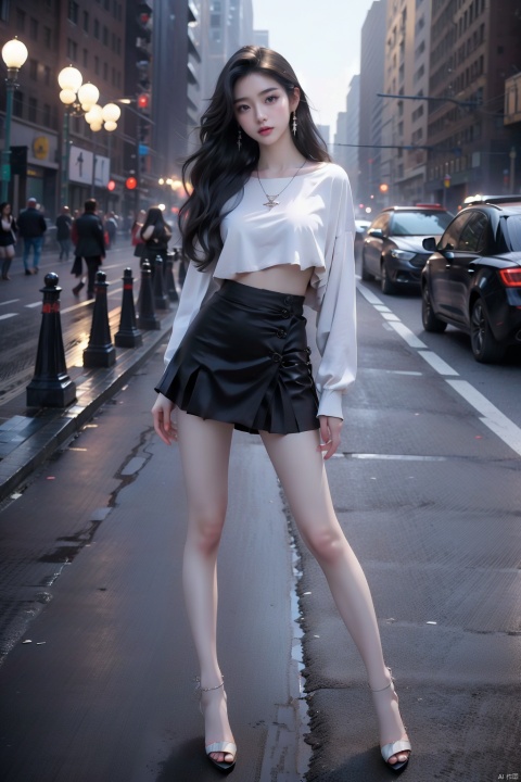  (RAW photo, best quality), (realistic, photo-realistic:1.3), ultra high res, high res, (masterpiece), (best quality:1.4), (absurdres,bare legs:1.3), (newyork city), side walk, an 18 yo young beauty,(full body:1.4), lone straight hair, high heel, necklace, ear rings, zoom in,((miniskirt)),tall girl,Wrap Toe Heels,Don't show your toes., xiqing