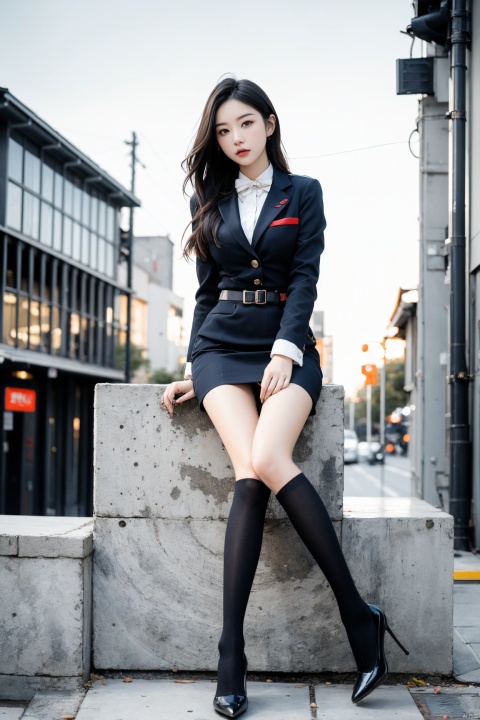  Best quality, full body portrait, delicate face, pretty face, 16 year old woman, slim figure, large bust, OL uniform, office clothes, navy blue stockings, no shoes, outdoor scene, sitting position