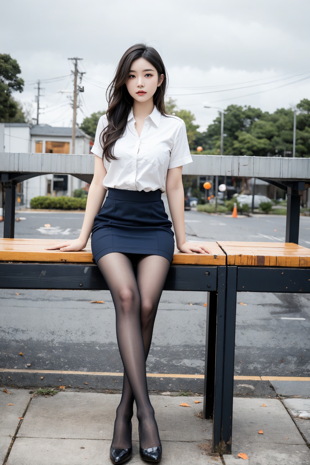  Best quality, full body portrait, delicate face, pretty face, 16 year old woman, slim figure, large bust, OL uniform, office clothes, navy blue stockings, no shoes, outdoor scene, sitting position