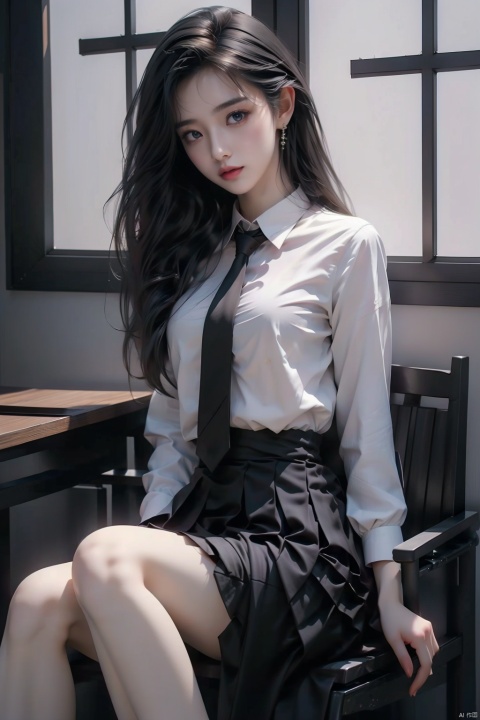  1girl,black pleated skirt, gray shirt,necktie, black legwear, very sexual, sitting on a chair
Masterpiece, best quality, 8k resolution, absurd, extremely detailed, highly detailed,
Ray tracing, telephoto lenses, movie angles