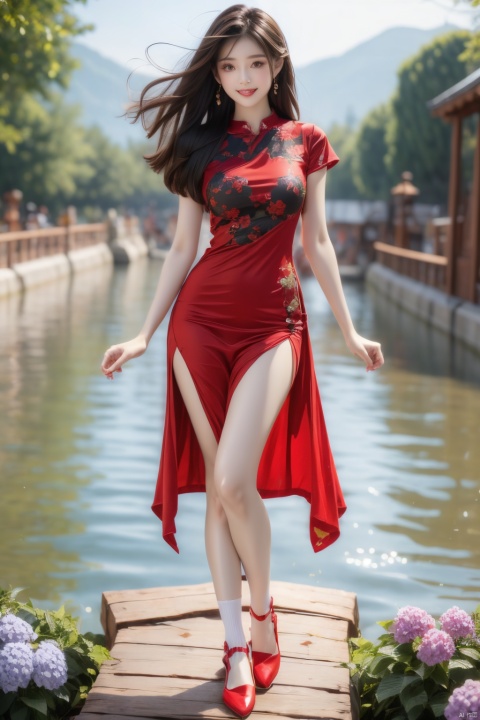  (Best quality, masterpiece, details), (red:1.5), full body, 1 girl, beautiful face, side slit lace dress, white knee socks, plump figure, smile, red crowned crane, complex clothing, exquisite plantdepiction,floralbackground,details,highlydetailed,fullofhiddendetails,realskin,redandturquoise,hydrangea,blue,(mountain),(River), 1girl,