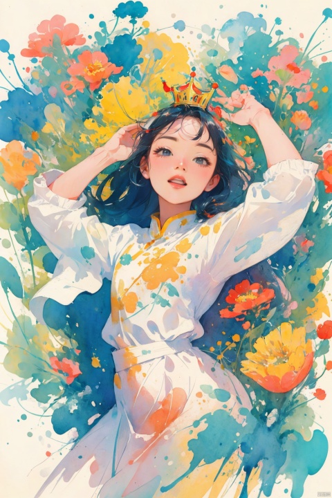  (bestquality), masterpiece, (ultra-detailed), illustration, 8k wallpaper, (extremely detailed CG unity 8k wallpaper), (extremely detailed eyes and face) llustration style,dream ,A Sunshine Laughs girl with black hair and black eyes, wearing a crown on her head,TT, Holding a magic wand in hand,8k, clear details, rich picture, nature background, flat color, vector illustration, watercolor, dancing, and joyful, Chinese style, cute girl, bpstyle,
